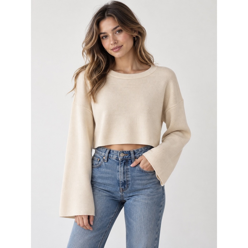 Choosy Cream Ribbed Knit Cropped Sweater Bell Sleeve Side Slit Large NWT